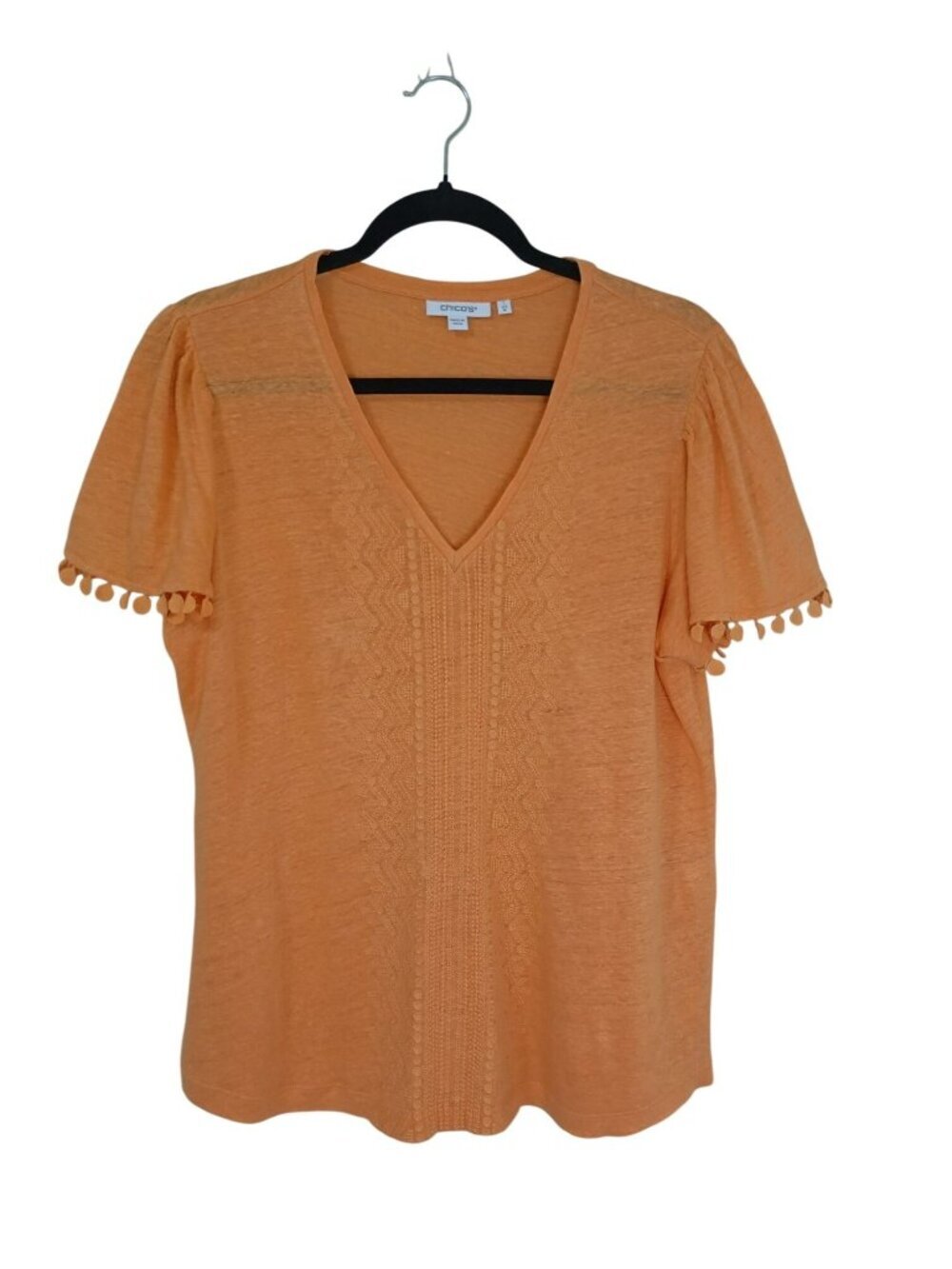 Chicos Orange 100% Linen Pom-Trim V-Neck Top Womens Size M Lightweight